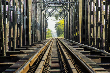 Background and interior details. Perspective Image outdoor in daytime of The Train railway bridge over the river viaduct.