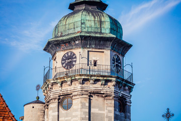 Fototapeta na wymiar Bernardine church, clock tower in Lviv, Ukraine