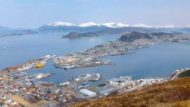 Beautiful scenery of west Norway coastline from the Sukkertoppen hill (Sugar Loaf Top)
