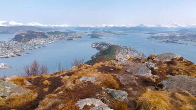 Beautiful scenery of west Norway coastline from the Sukkertoppen hill (Sugar Loaf Top)