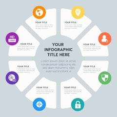 Circle chart location, security, video, photos infographic template with 8 options for presentations, advertising, annual reports