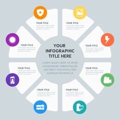 Fototapeta premium Circle chart location, security, video, photos infographic template with 8 options for presentations, advertising, annual reports