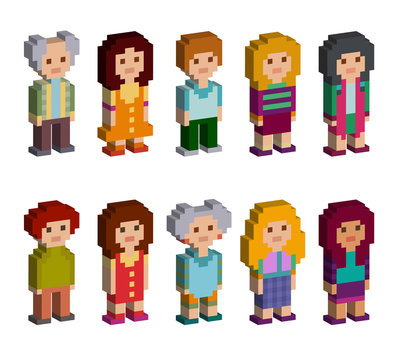 Pixel art style cartoon isometric characters. Men and women are standing on white background. Vector illustration.