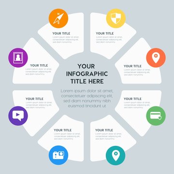 Circle chart location, security, video, photos infographic template with 8 options for presentations, advertising, annual reports