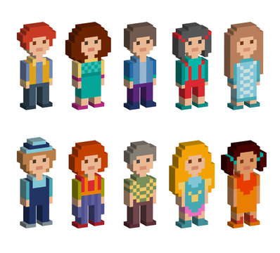 Set of cute pixel art style isometric characters. Men and women are standing on white background. Vector illustration.