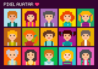 Collection of cute square avatars in pixel style. Male and female character.
