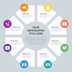 Circle chart location, security, video, photos infographic template with 8 options for presentations, advertising, annual reports