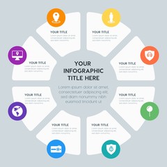 Circle chart location, security, video, photos infographic template with 8 options for presentations, advertising, annual reports