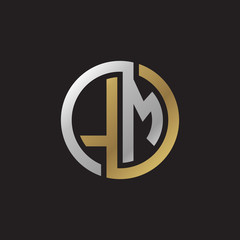 Initial letter LM, looping line, circle shape logo, silver gold color on black background
