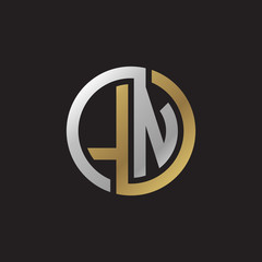 Initial letter LN, looping line, circle shape logo, silver gold color on black background