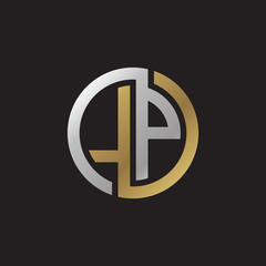 Initial letter LP, looping line, circle shape logo, silver gold color on black background