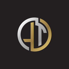 Initial letter LT, looping line, circle shape logo, silver gold color on black background