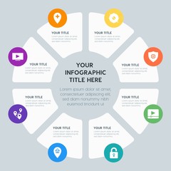 Circle chart location, security, video, photos infographic template with 8 options for presentations, advertising, annual reports