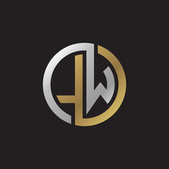 Initial letter LW, looping line, circle shape logo, silver gold color on black background