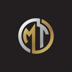 Initial letter MT, looping line, circle shape logo, silver gold color on black background