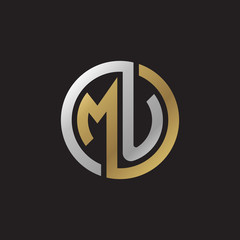 Initial letter MU, looping line, circle shape logo, silver gold color on black background