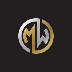 Initial letter MW, looping line, circle shape logo, silver gold color on black background