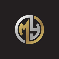 Initial letter MY, looping line, circle shape logo, silver gold color on black background