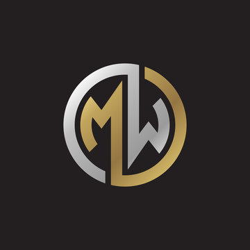 recommend clip art: Initial letter MW, looping line, circle shape logo, silver gold color on black background