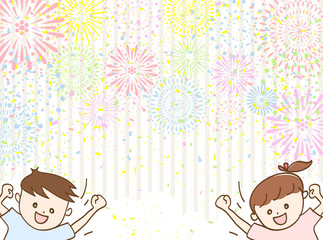 応援する　男の子　女の子　花火　紙吹雪