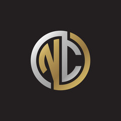 Initial letter NC, looping line, circle shape logo, silver gold color on black background