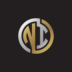 Initial letter NI, looping line, circle shape logo, silver gold color on black background