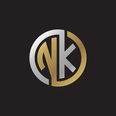 Initial letter NK, looping line, circle shape logo, silver gold color on black background