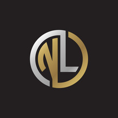 Initial letter NL, looping line, circle shape logo, silver gold color on black background