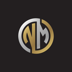 Initial letter NM, looping line, circle shape logo, silver gold color on black background
