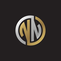 Initial letter NN, looping line, circle shape logo, silver gold color on black background