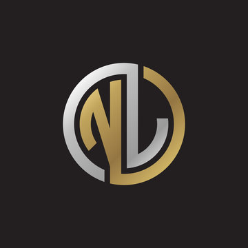 Initial letter NJ, NL, looping line, circle shape logo, silver gold color on black background