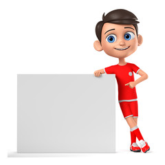Boy in red uniforms points to an empty board on a white background. 3d render illustration.