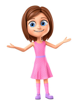 Girl in pink dress on white background hands up. 3d render illustration.