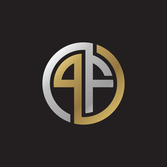 Initial letter PF, looping line, circle shape logo, silver gold color on black background