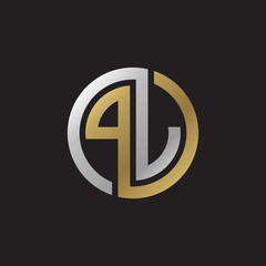 Initial letter PJ, PL, looping line, circle shape logo, silver gold color on black background