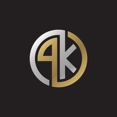 Initial letter PK, looping line, circle shape logo, silver gold color on black background