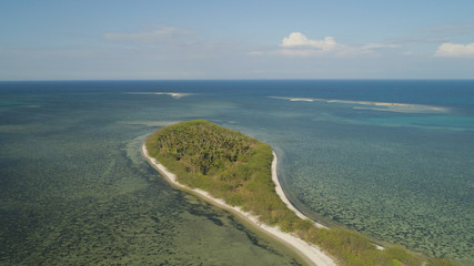Tropical island with white sandy beach, palm trees. Aerial view of Tanduyong island with colorful reef. Seascape, ocean and beautiful beach. Philippines, Anda, Pangasinan. Travel concept.