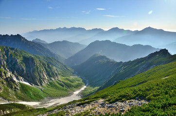Fototapeta premium The early-morning valley which I looked at from inner Kurasuke mountain cottage
