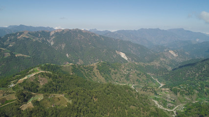 Naklejka premium Aerial view of rice terraces and agricultural farm land on the slopes of mountains valley. Cultivation of agricultural products in mountain province. Mountains covered forest, trees. Cordillera region