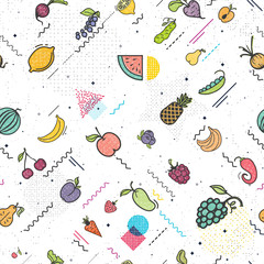 Fruits and vegetables seamless pattern memphis style, vegetarian set, summer isolated color vector icons.