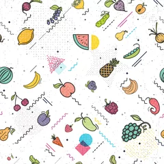 Wall murals Memphis style Fruits and vegetables seamless pattern memphis style, vegetarian set, summer isolated color vector icons.