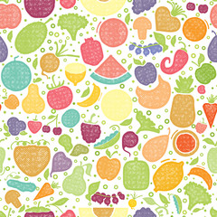 Fruits and vegetables seamless pattern, vegetarian set, summer isolated color vector icons.