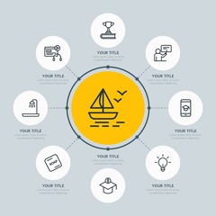 Circle network chart hotel, education, travel infographic template with 8 options for presentations, advertising, annual reports.