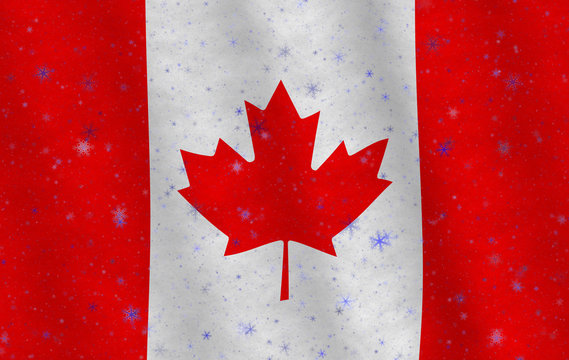 Illustration of a flying Canadian flag with snowflakes scattered around