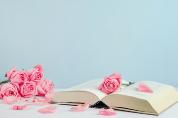 Vintage withered pink pastel rose flowers with open book