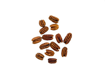 Raw Natural Organic Pecans Nuts Scattered Isolated on White Background Top View Healthy Food for Life Natural Light Selective Focus