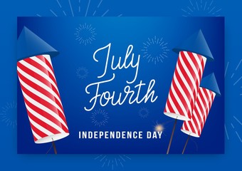 July Fourth. USA Independence Day greeting banner. Modern layout with custom lettering and fireworks rockets