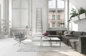 Elegant stylish monochrome white living room