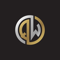Initial letter QW, looping line, circle shape logo, silver gold color on black background
