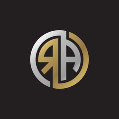 Initial letter RA, looping line, circle shape logo, silver gold color on black background